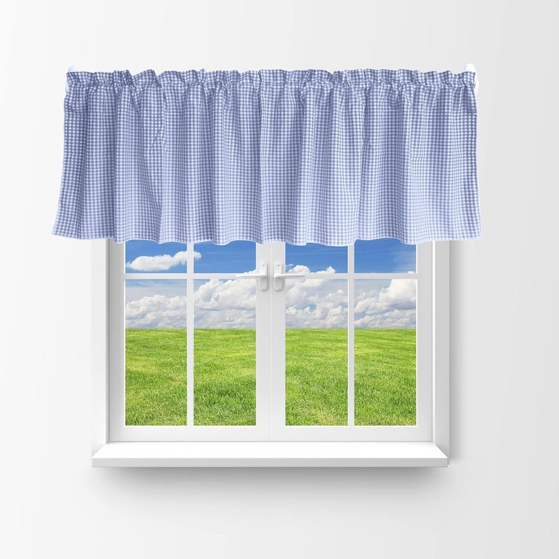 Poly Cotton 1/8th Inch Gingham Checkered Window Valance Home Décor Bedroom Nursery Kitchen Window (58" Wide x 14" Long, Light Blue)